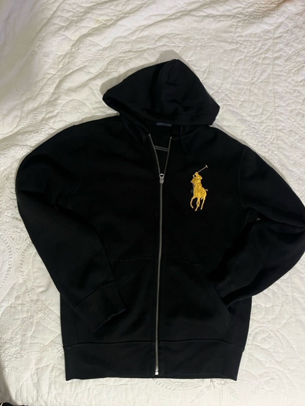Ralph Lauren Black Full-Zip Hoodie with Large Gold Pony Embroidery